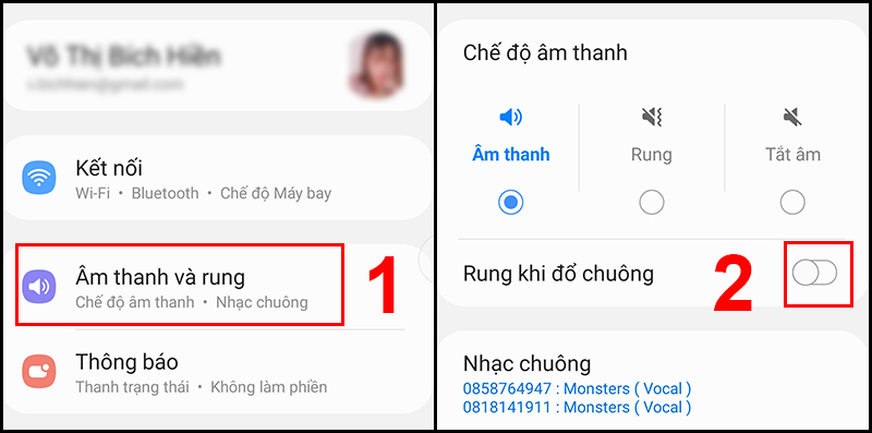 Tắt chế độ Rung khi đổ chuông